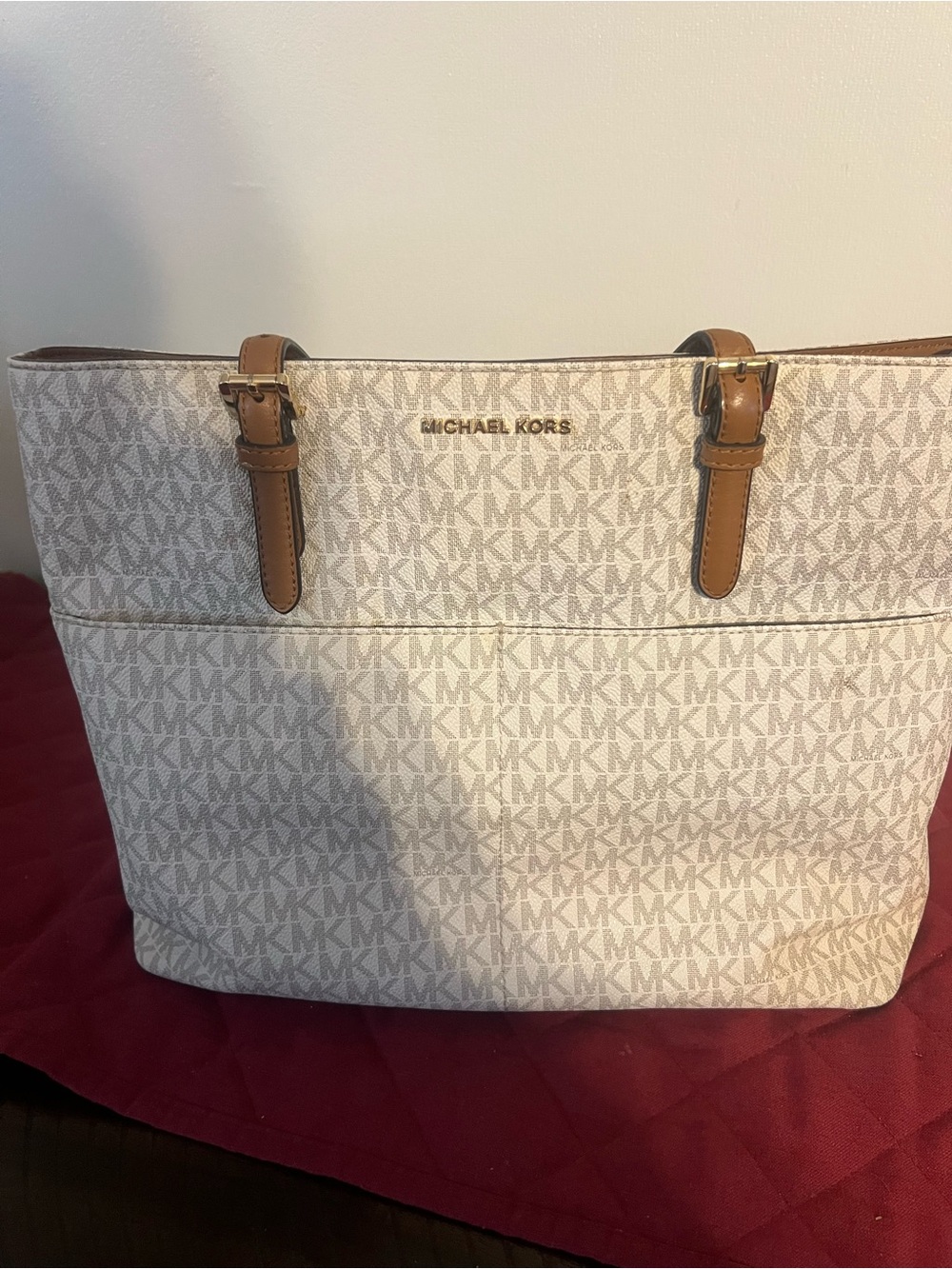 Michael Kors Cream Signature Tote with Tan Leather Trim